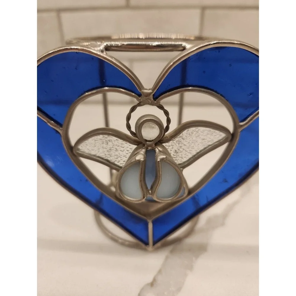 Vintage Stained Glass Tealight Holder Blue Candle Holder Angel Christmas Design‎